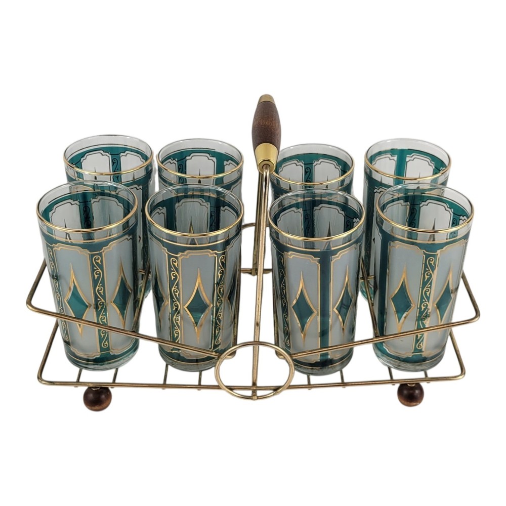 Vtg 60s MCM Green Gold Diamind Pattern Set 8 Drinking Glasses Tumblers W/ Caddy
