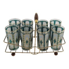 Vtg 60s MCM Green Gold Diamind Pattern Set 8 Drinking Glasses Tumblers W/ Caddy