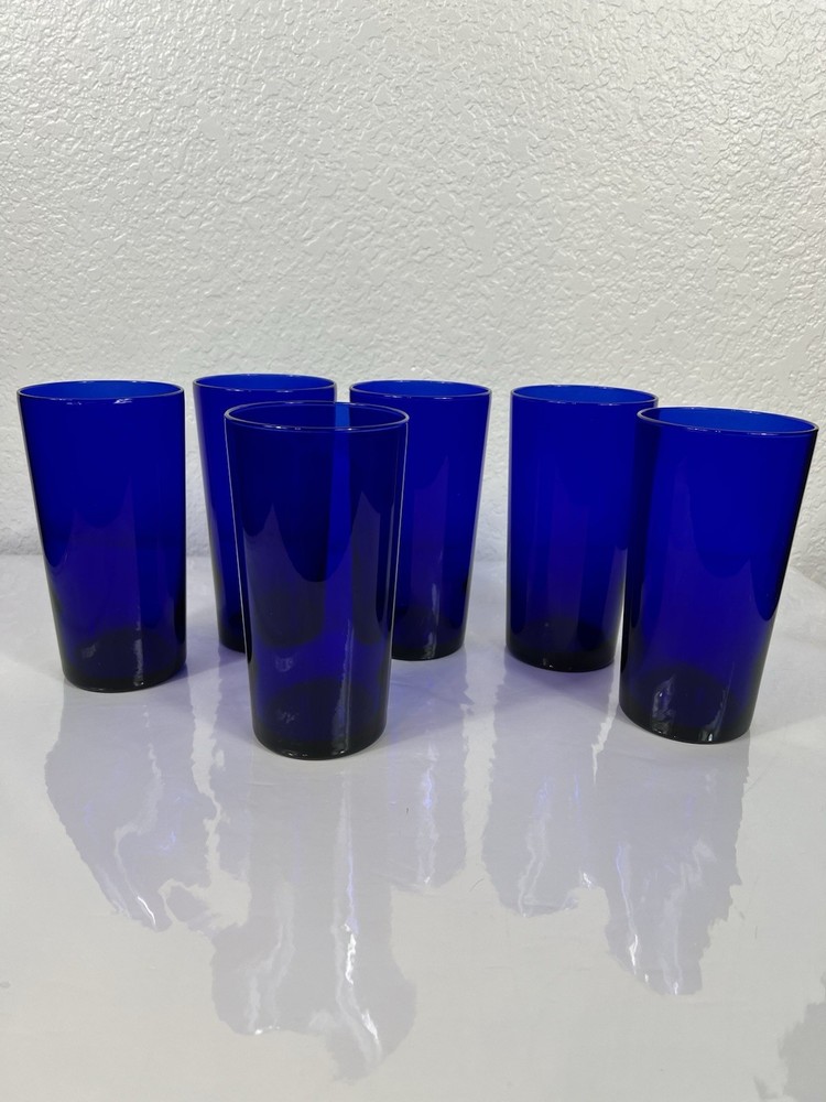 Set of 6 VTG LIBBEY Cobalt Blue Tumbler 6-1/4″ Tall Drinking Glasses 16 oz MCM