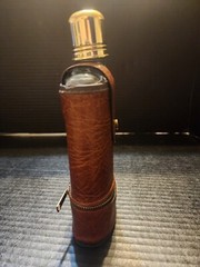 Vintage Glass Flask Brown Leather Case Zippered Lower Half Small Shot Glasses