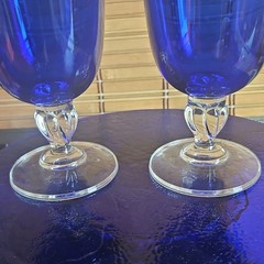 Vintage-Cobalt Blue Goblet Glasses With Clear Mottled Stem-Set of 2