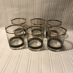 Culver Signed Devon 22 Karat Gold & Black Double Old Fashion Glasses Set Of Six