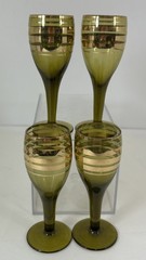 4 Green Tone Sherry Glasses w Gold Stripe Trim 5” Vintage