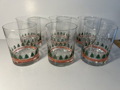 Vintage Set 2 Lowball Christmas Winter Wonderland Tree Snow Red Band