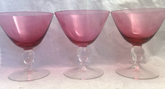 Vintage Cranberry Pink Glass Clear Ball Stem Champagne Sherbet Set-3