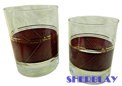 Heavy Whiskey Cocktail Lowball Tumblers burgundy band Glasses Barware Set of 2