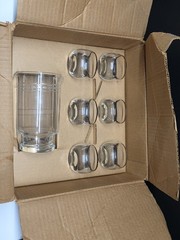 Princess House Complete Cocktail Mixer 8pc Set Sliver Trim Roly Poly Glasses