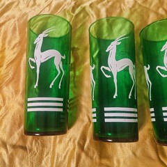 Hazel Atlas Green Gazelle Collins Glasses Set of 7 Vintage MCM Highball Barware