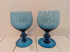 Vintage MCM Italian Blown Balloon Wine Glass 1960’s Cobalt Blue Teal Set/2 7″