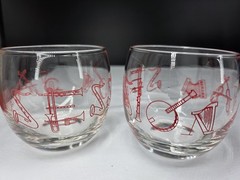 Vintage MCM Rocks Glasses «Jam Session» Musical Instrument Jazz Barware Set Of 2