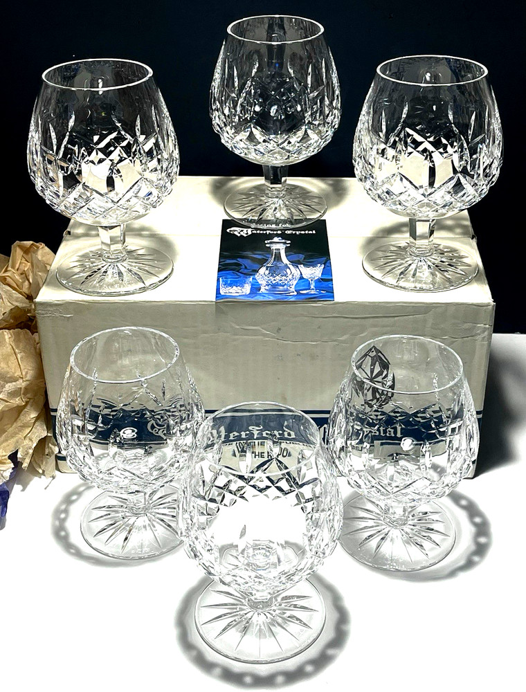 6 VINTAGE WATERFORD CRYSTAL LISMORE BRANDY GLASSES 5 1/8″ ORIGINAL BOX ~ IRELAND