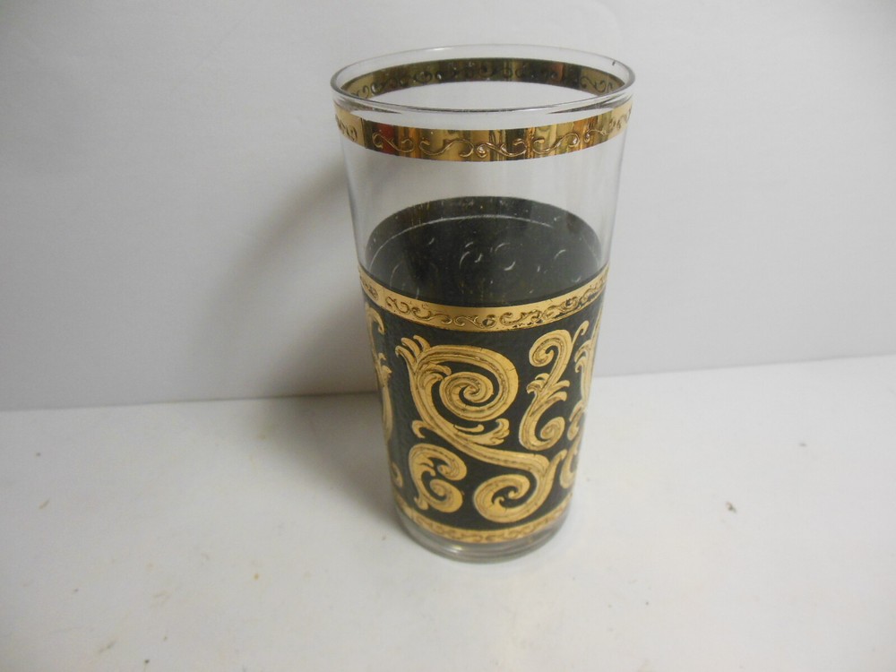 CULVER EBONY BAROQUE Scroll Tumbler Highball BLACK 22K GOLD Tall Glass