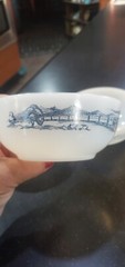 Vintage Glasbake – Currier & Ives Train Design, 5″ Bowl Milk Glass SET OF 3