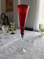 Vintage Holiday Gem Lenox Ruby Red crystal champagne flutes 11” ETCHED HOLLY