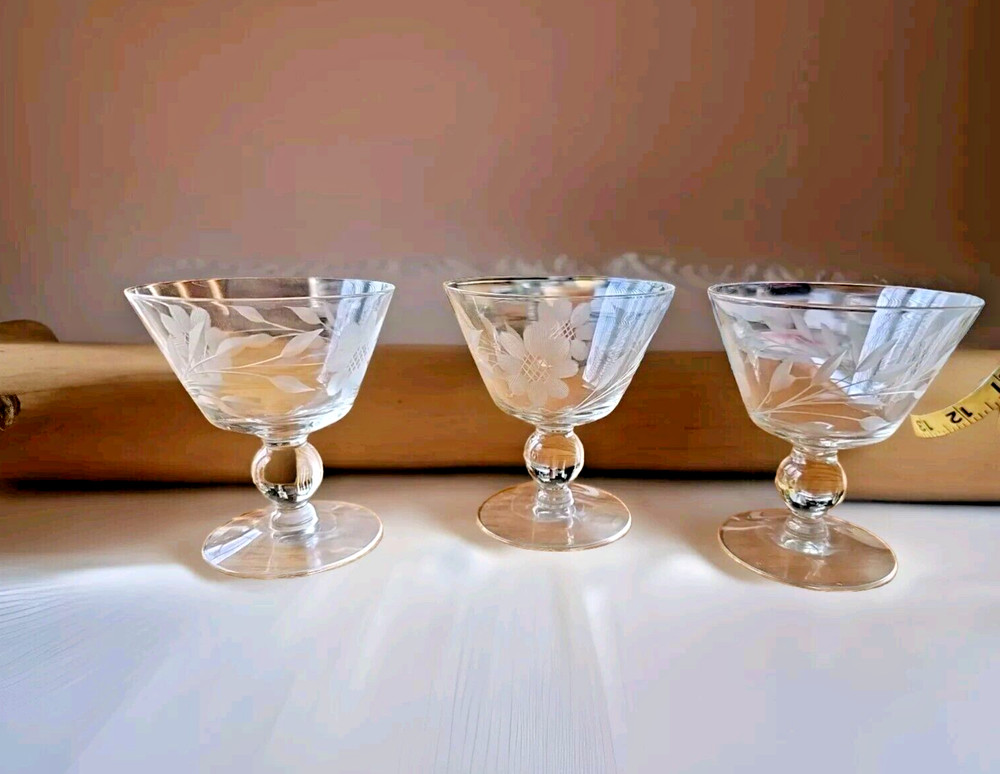 Crystal Etched Glass Sherbet Dishes Floral Design, Set of 3, 3.75″ Tall