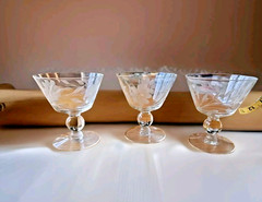 Crystal Etched Glass Sherbet Dishes Floral Design, Set of 3, 3.75″ Tall