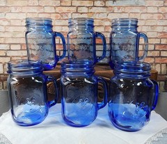 Vintage Libbey Country Fair Blue Glass Mason Jar Mugs Pint Set 6 Made in Canada