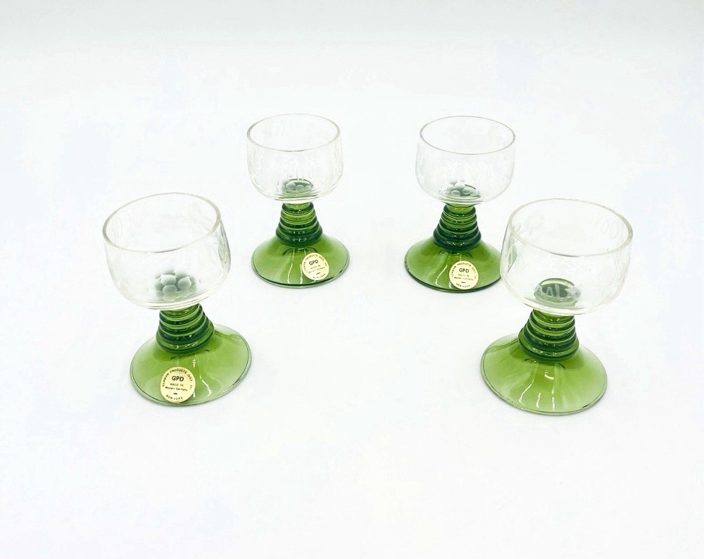 Wine Glasses Etched Grape German Green Beehive Stem 4 Glasses Vintage