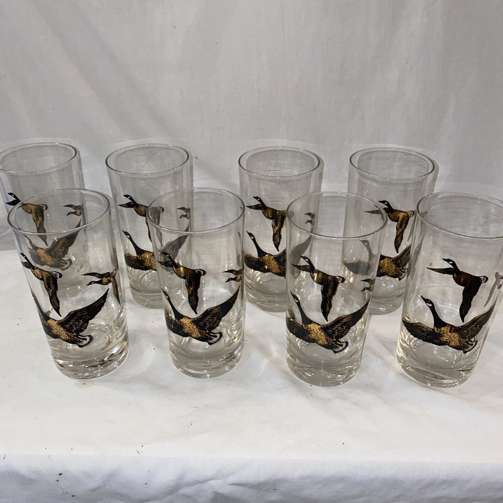 Vintage LIBBEY Canadian Geese Flight High Ball Glasses 12 Oz Full Set Of 8 MCM