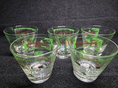 Vintage MCM Green Gold Architectural Rocks Glasses Set of 5 Old Fashioned