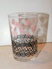 Set of 6 Vintage MCM Libbey Pink & Black Swirl Scroll Juice Tumbler Glasses EUC