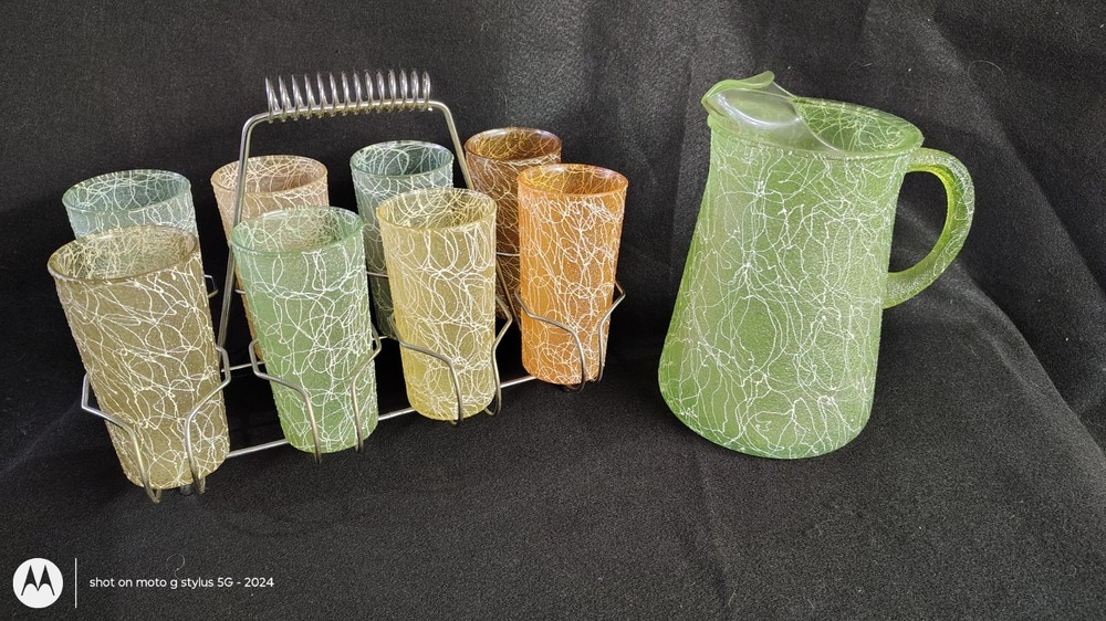 Color Craft Shat-R-Pruf MCM Spaghetti Drizzle Tumbler Glass 8 w/ Rack & Pitcher!