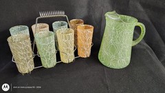 Color Craft Shat-R-Pruf MCM Spaghetti Drizzle Tumbler Glass 8 w/ Rack & Pitcher!