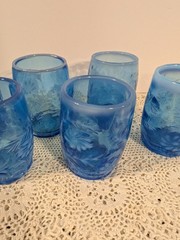 FENTON Vintage Cobalt Blue Daisy And Fern Opalescent Juice Glasses Set Of 6
