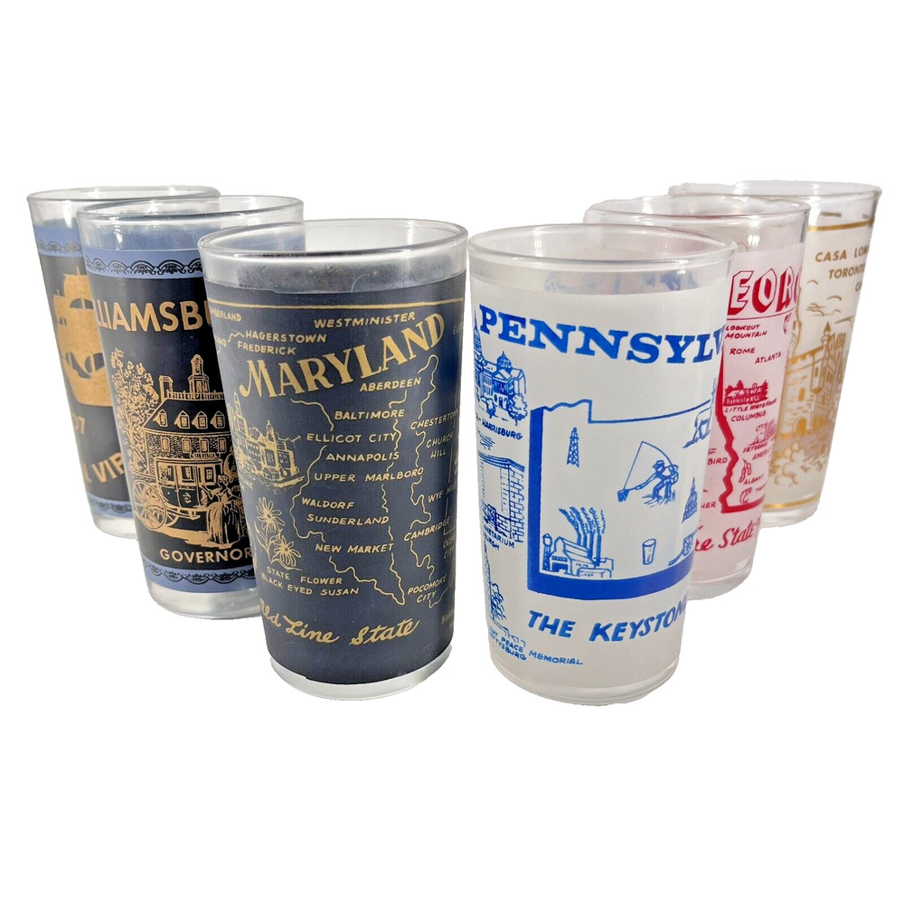 Vintage Souvenir Highball Glasses Maryland Virginia Williamsburg Georgia Lot 6