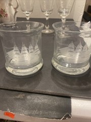 2 Vintage Javit Clipper Double Old Fashioned 3-5/8” Clear Etched Ship Nautica MB