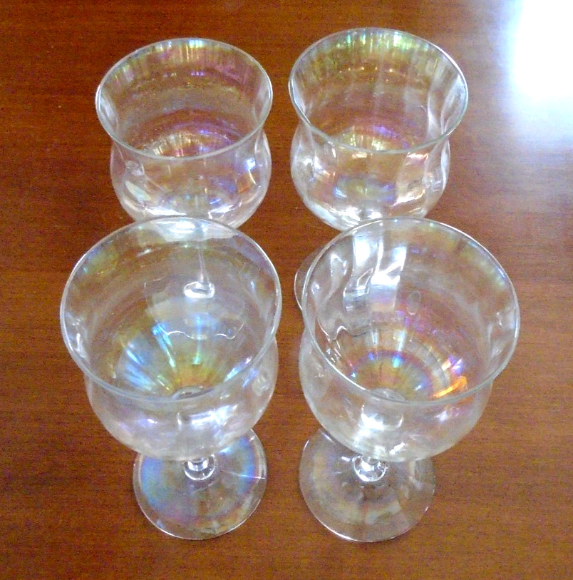 VINTAGE Art Deco 30s 40s ELEGANT IRIDESCENT RIBBED WINE GLASS CRYSTAL STEMS (4)