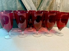 Set of 10 Ruby Red Water Iced Tea Goblets Clear Fluted Stems c. 1970s