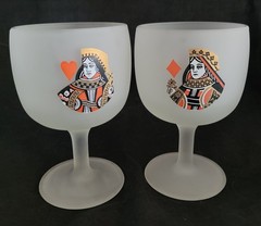 Set 4 Vtg MCM Frosted Glass Playing Cards Stemmed Glass Goblets Barware 14 Oz.