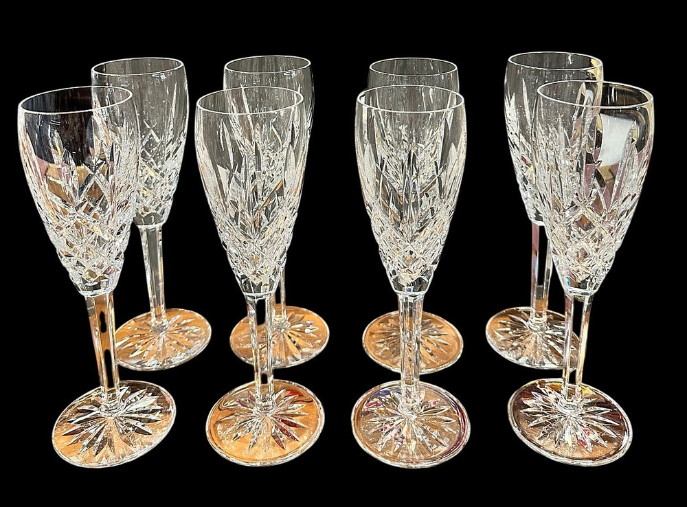 WATERFORD CRYSTAL ARAGLIN PATTERN CHAMPAGNE FLUTES 8 1/2″ SET OF 8 IN BOX RARE