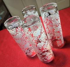 Set of 4 MCM 1950s 7″ Libbey OLD LOGO *WHITE ROSES + LEAVES* TOM COLLINS Glasses