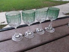 Vintage Crystal Green Frosted Etched And Cut Stemmed Wine Glasses Stunning LOT