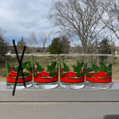 3 Christmas Glasses Libbey Holly Berry Red Band 4”H Double Old Fashioned Lowball