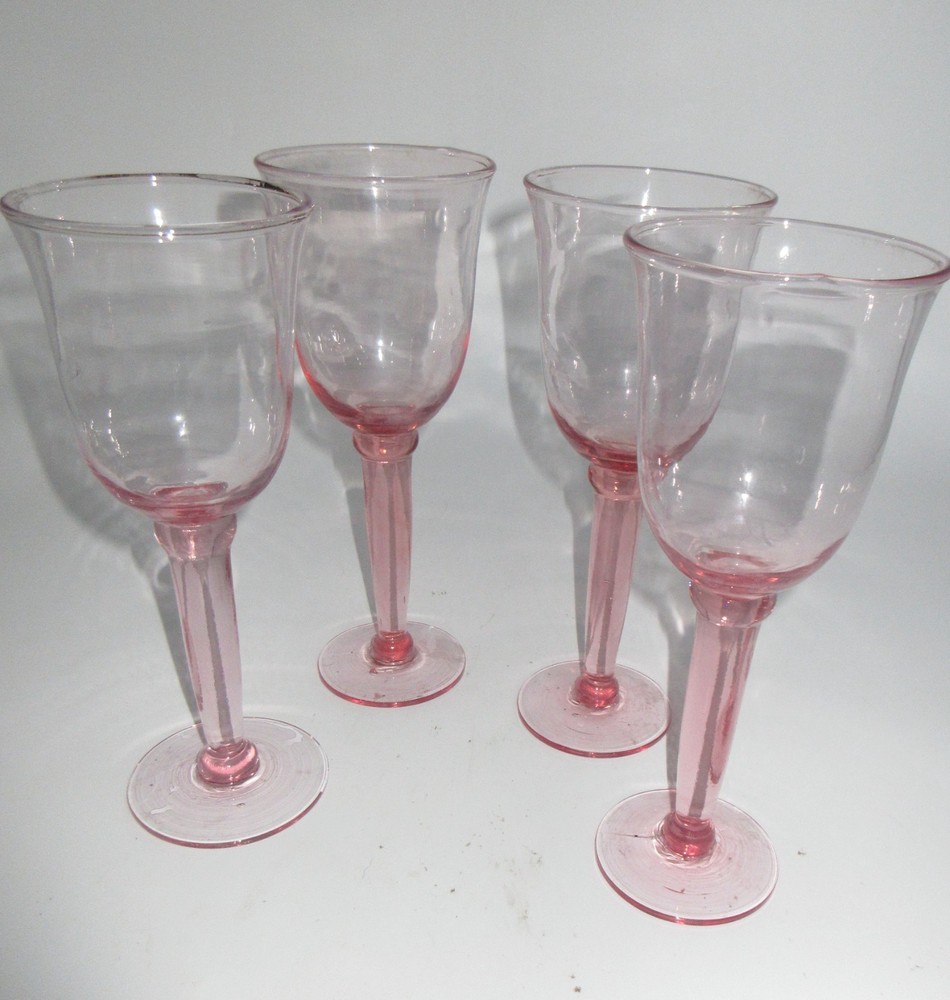 Hand Blown, Pink Depression Glass, Thick Stemmed Goblet/Wine Glasses-Lot of 4