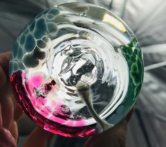 (1) Handblown Confetti Art Glass Blue/Red/Green Glass Short Uneven Tumbler