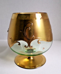 Bohemian Glass Hand Painted Enameled Flowers Gilt Gold Brandy Snifter, Set of 2