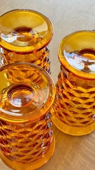 Vintage Indiana Glass Whitehall Colony Cubist Amber Footed Tumblers MCM Style
