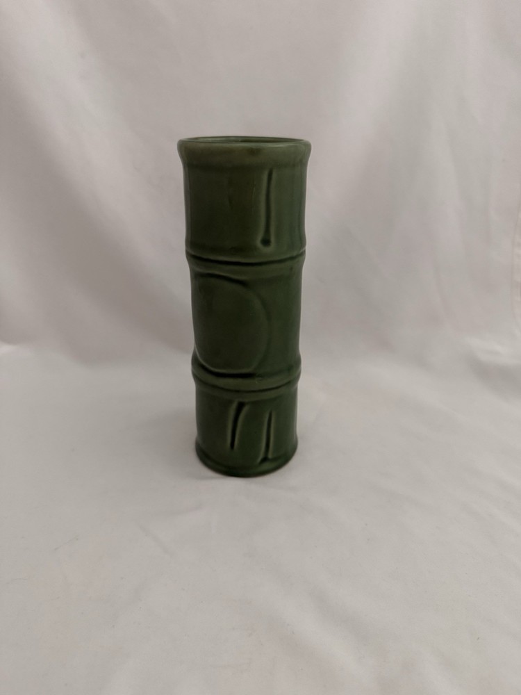 Vintage MCM Libbey Green Tiki Bamboo Ceramic Tumbler Vase, 7.5” Tall Excellent!