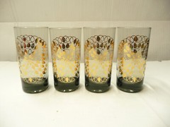 Vintage Federal Glass Pom Pom Set of 4 (B) Gray Smoke MCM Atomic Gold Medallion