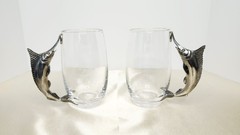 Pair Of Vintage Swordfish / Marlin Metal Handle Glass Beer Glasses / Mugs – 6″ H