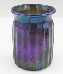 Elaine Hyde Iridescent Art Glass Tumbler Vase Ribbed Pattern Signed 1986