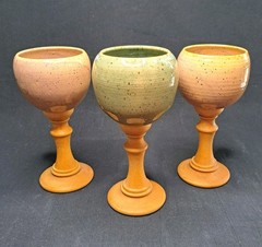 Studio Art Pottery Goblets Wood Base Signed Tuttle Set of 3