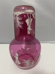 VTG Cranberry Bohemian Glass painted Tumble Up Bedside Carafe’ Pitcher & Tumbler