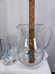 Lenox Nautical Satrfish Pitcher And 4 Matching Glasses, Bubble Glass, Heavy