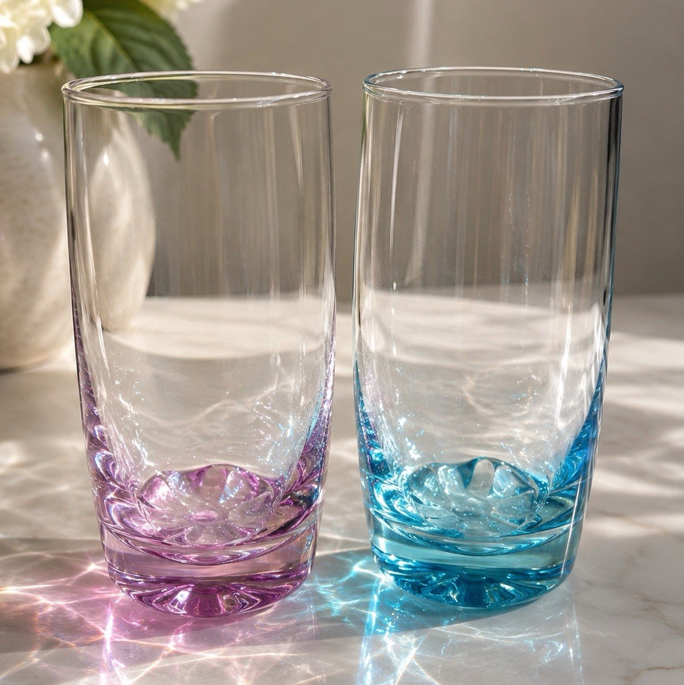 Clear Glass Tumbler Glasses w/ Amethyst and & Aqua Bases Set of 2, 5.5 “ tall