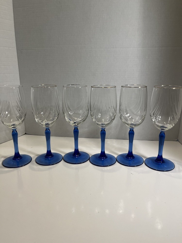 6 vintage Lenox crystal wine glasses colbalt blue stemmed dual swag draped